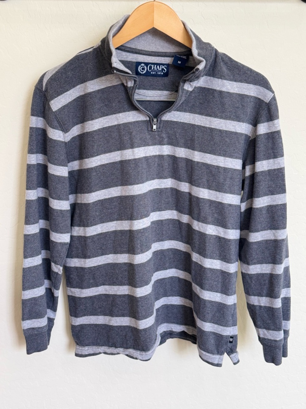 Chaps Men’s Size M Gray & White Striped Quarter Zip Pullover Sweater 100% Cotton